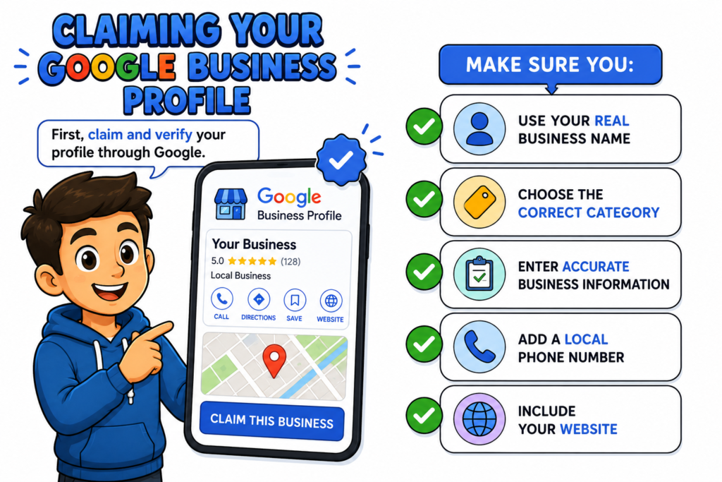 Small business improving Local SEO through customer reviews, reputation management, local keywords, citations, and website optimization.