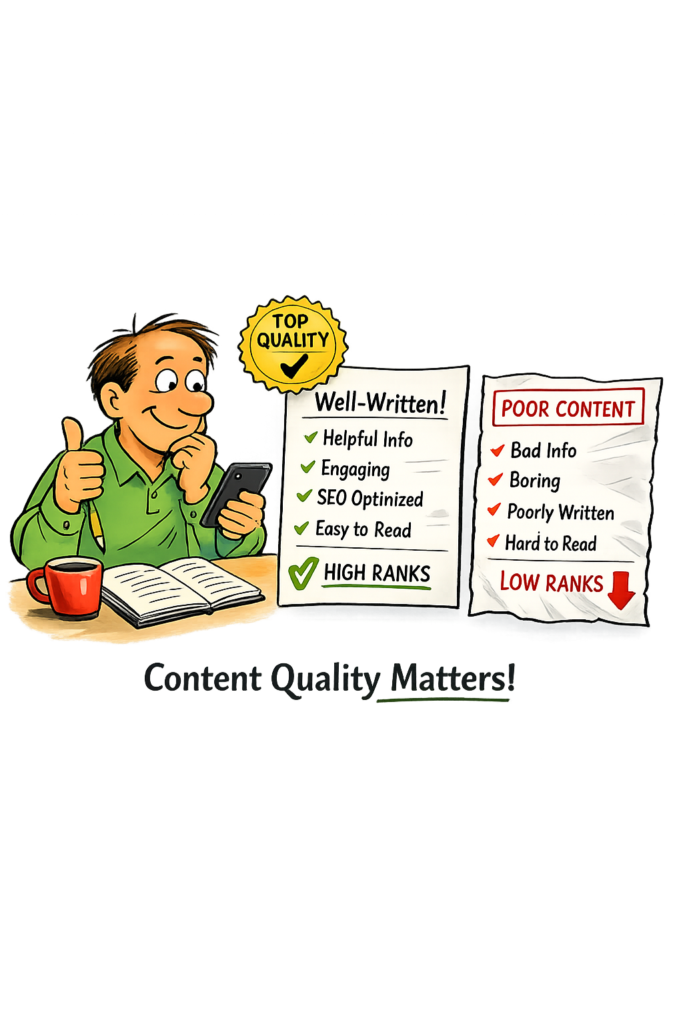 SEO checklist showing powerful factors such as keyword research, metadata, internal links, website speed, mobile usability, and high-quality content.