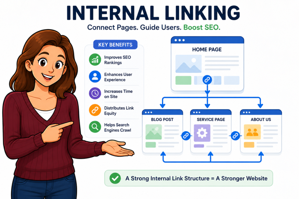 Website analytics screen explaining what affects SEO performance, including ranking signals, user behavior, keywords, backlinks, and technical website health.