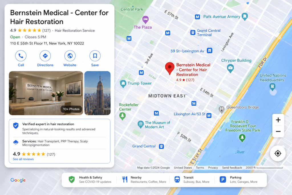 Physician reviewing Google reviews on Google Maps before patients schedule appointments in New York City.