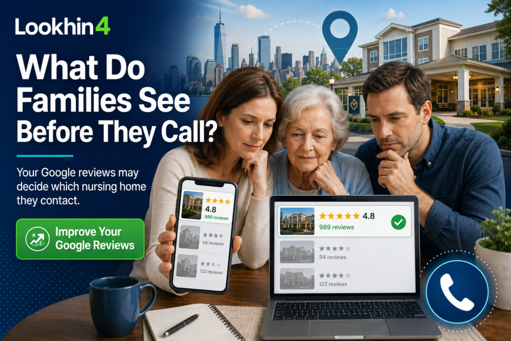 NYC nursing home administrator reviewing Google reviews to understand family concerns, protect facility reputation, improve communication, and encourage more prospective families to schedule tours confidently.