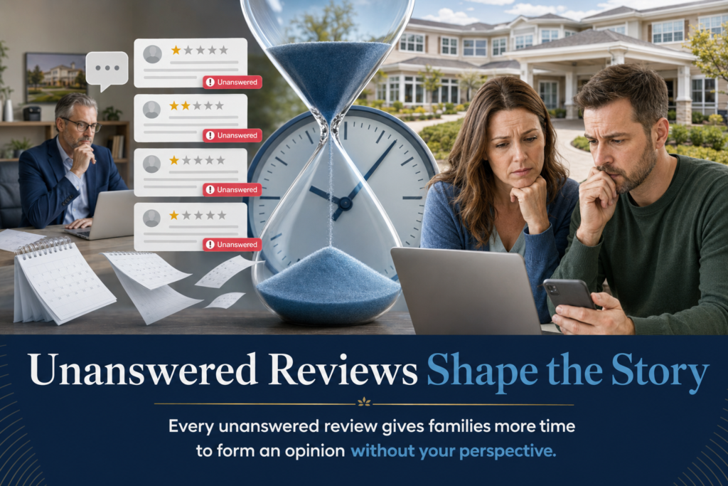 Family comparing New York City nursing homes online by reading Google ratings, recent reviews, administrator responses, facility information, and comments about resident care experiences today.