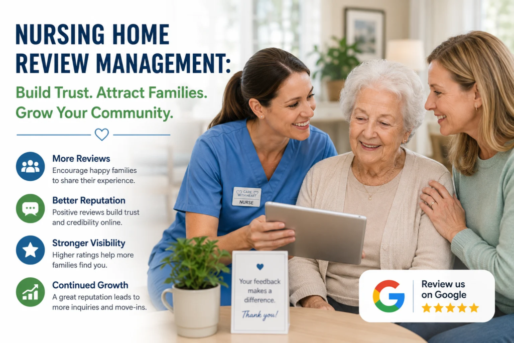 Family member reading unanswered nursing home reviews on a smartphone before deciding whether to call admissions, request information, schedule a tour, or consider another facility.