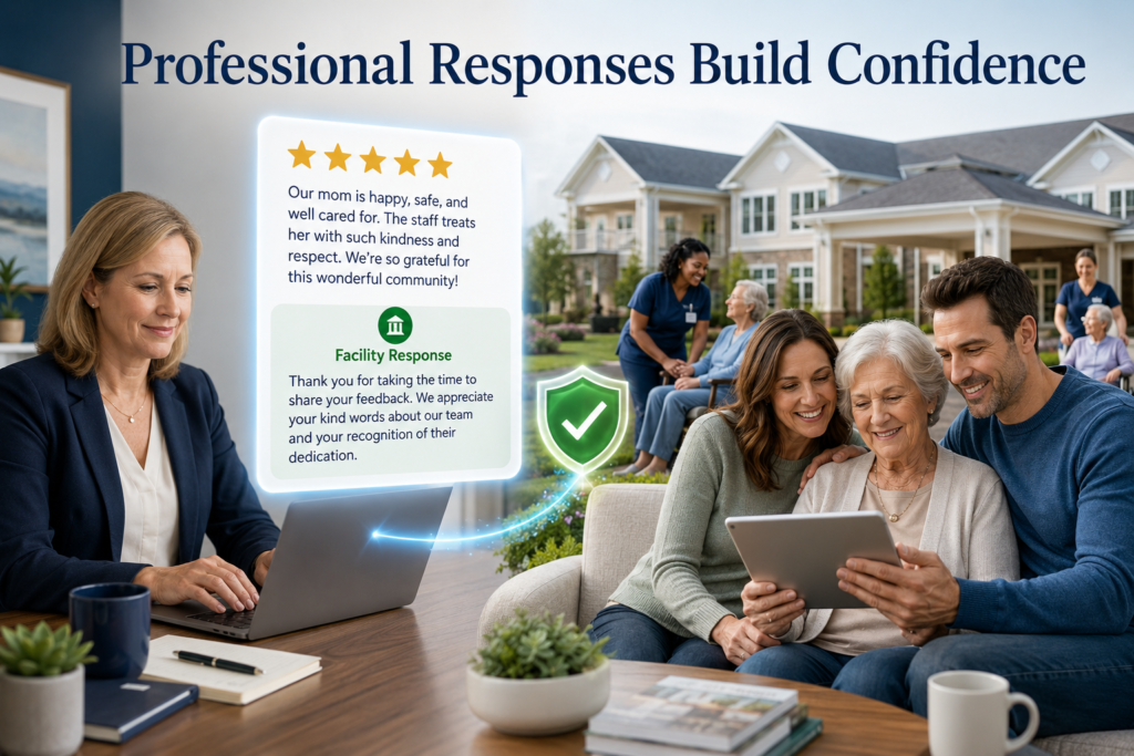 Busy medical office staff assisting patients while automated Google review requests continue working in the background to generate more positive patient feedback.