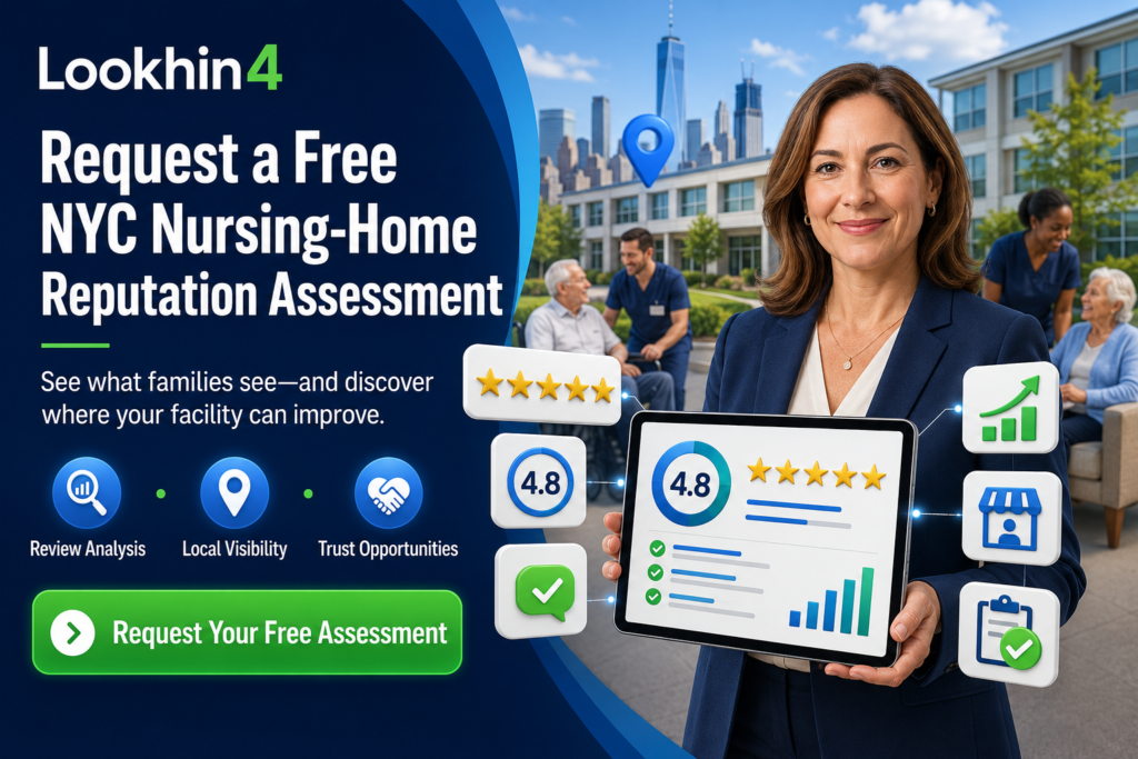 Nursing home administrator comparing their facility’s Google rating with nearby NYC competitors to identify review gaps, reputation weaknesses, Local SEO opportunities, and potential admissions barriers.