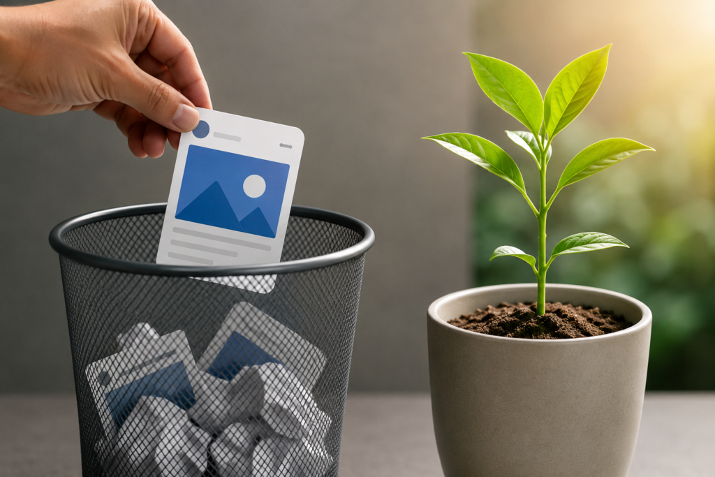 A hand discards a generic business post into a wastebasket beside a healthy growing plant, symbolizing that posts still have value when used as part of a broader growth strategy.