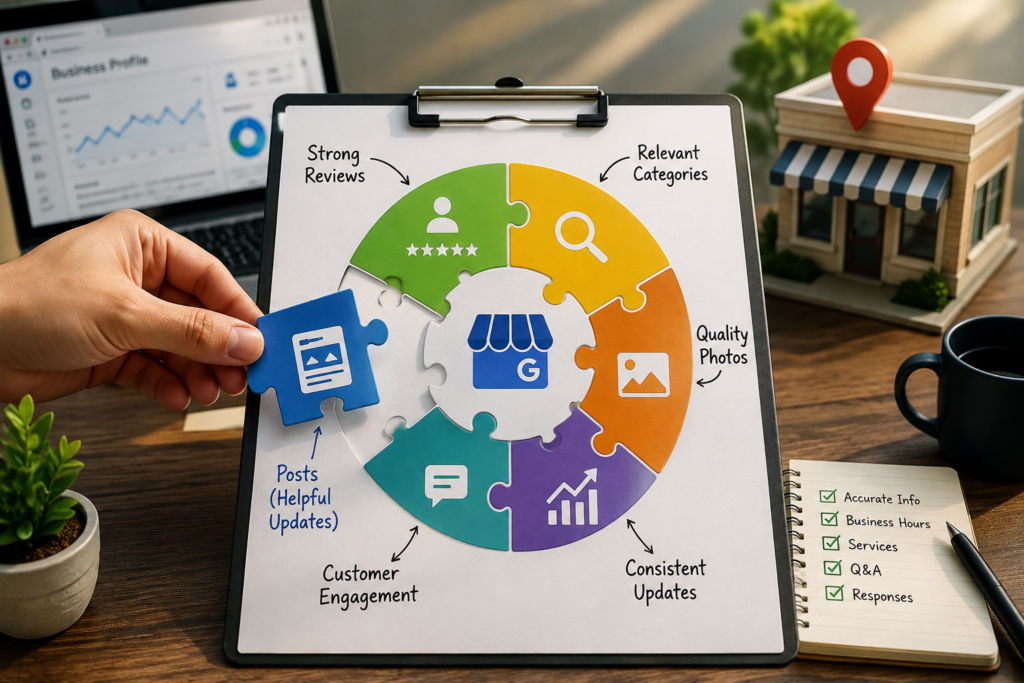 A Google Business Profile strategy shown as interconnected puzzle pieces for reviews, categories, photos, customer engagement, updates, and posts, illustrating how posts fit into overall profile optimization.