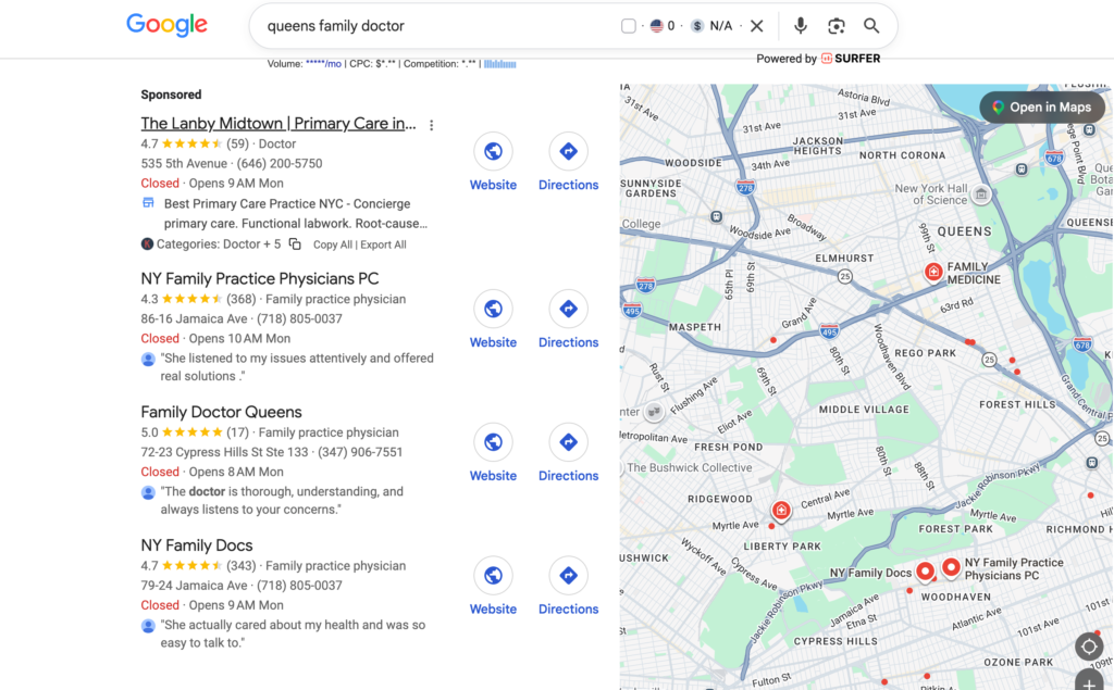 Patient comparing family doctor reviews on Google before booking an appointment in Queens.