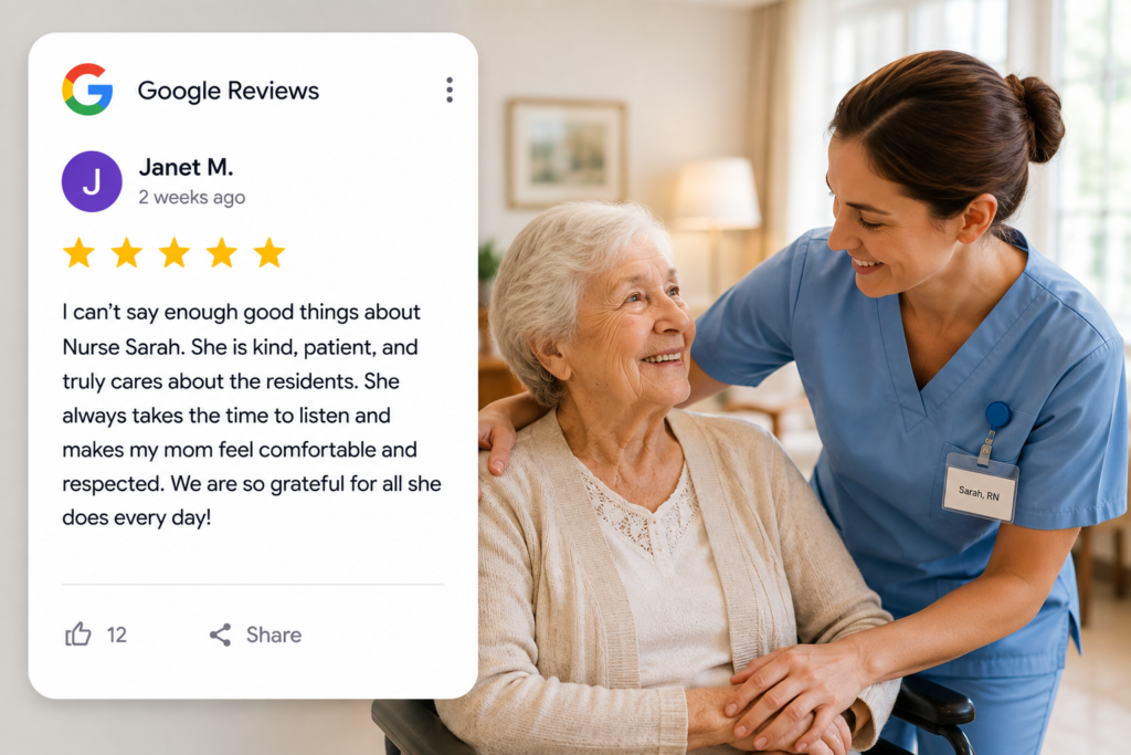 google reviews for a nursing home person giving exceletnt review for a nurse